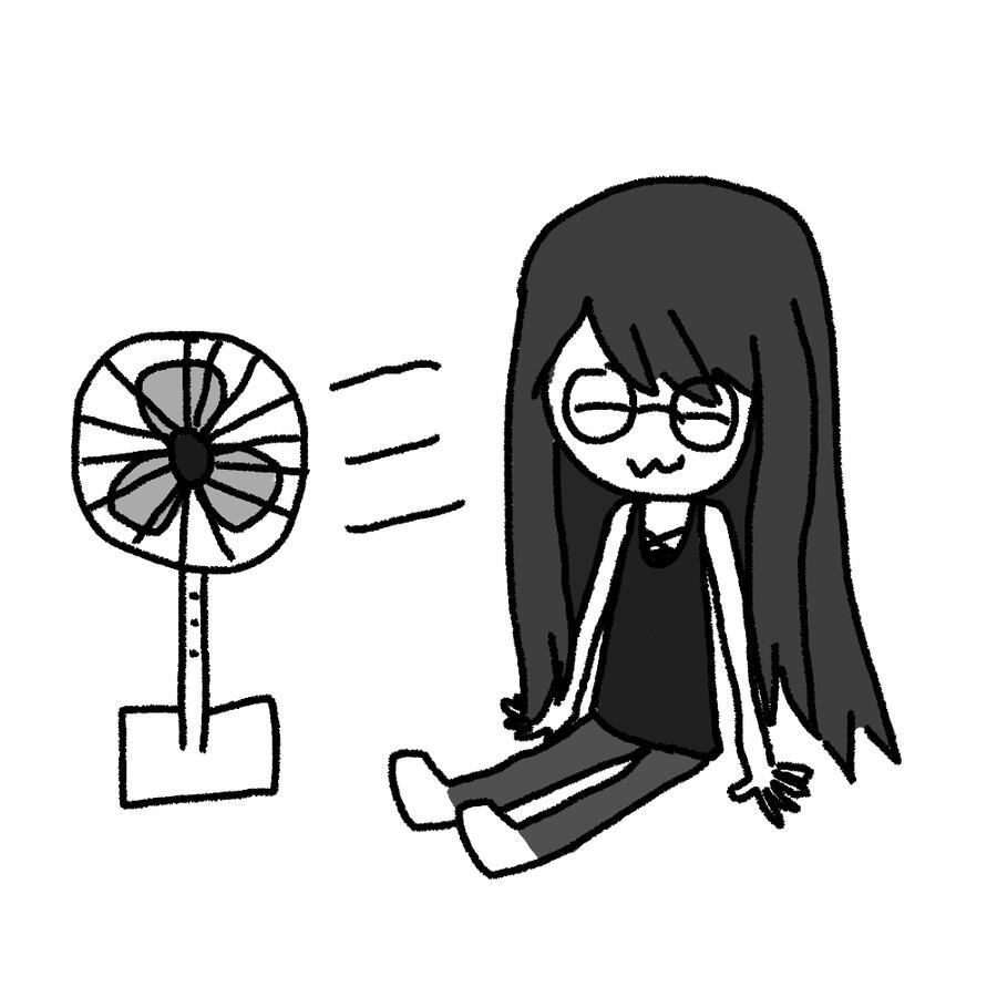 Kayo sitzt vor dem Ventilator